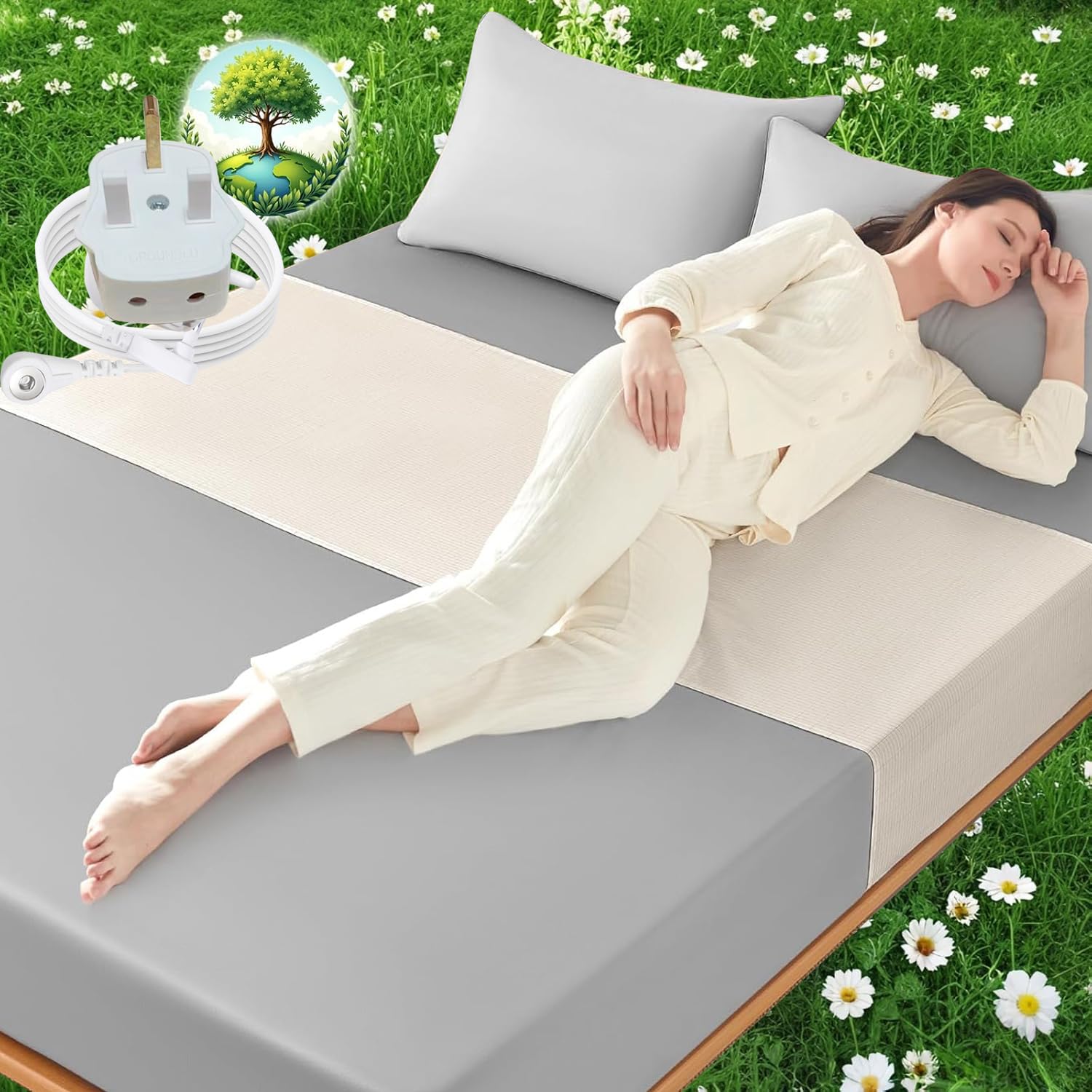 Tapis de mise à la terre conducteur pour lit avec demi-drap 91 x 254 cm et prise UK