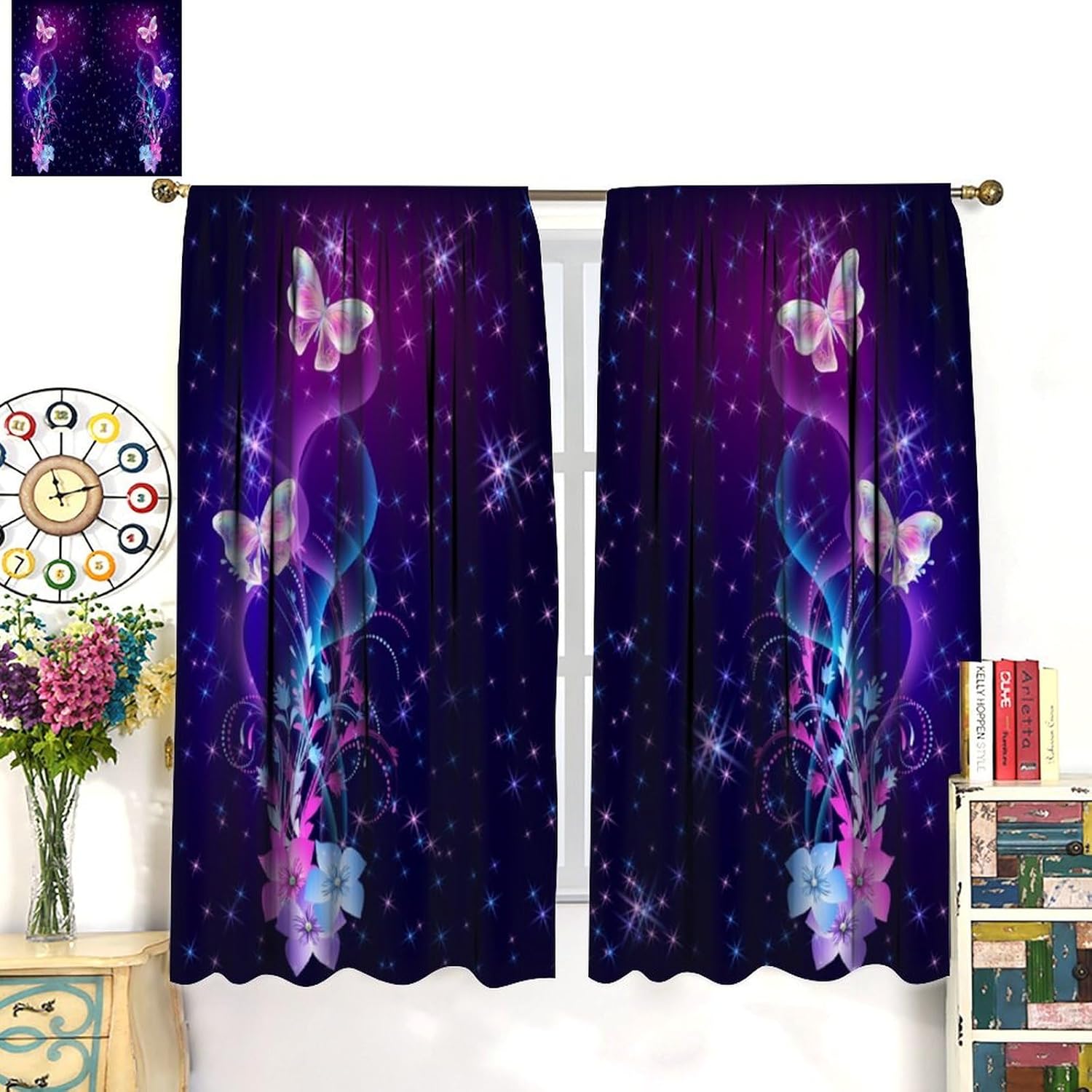 Dream Butterfly Curtain,Abstract Purple Watercolour Hand Drawn Butterfly Pattern Print Window Drapes for Kids Girl Bedroom Living Room Kitchen Decor,2 Panel Set,55x63 Inch Blackout
