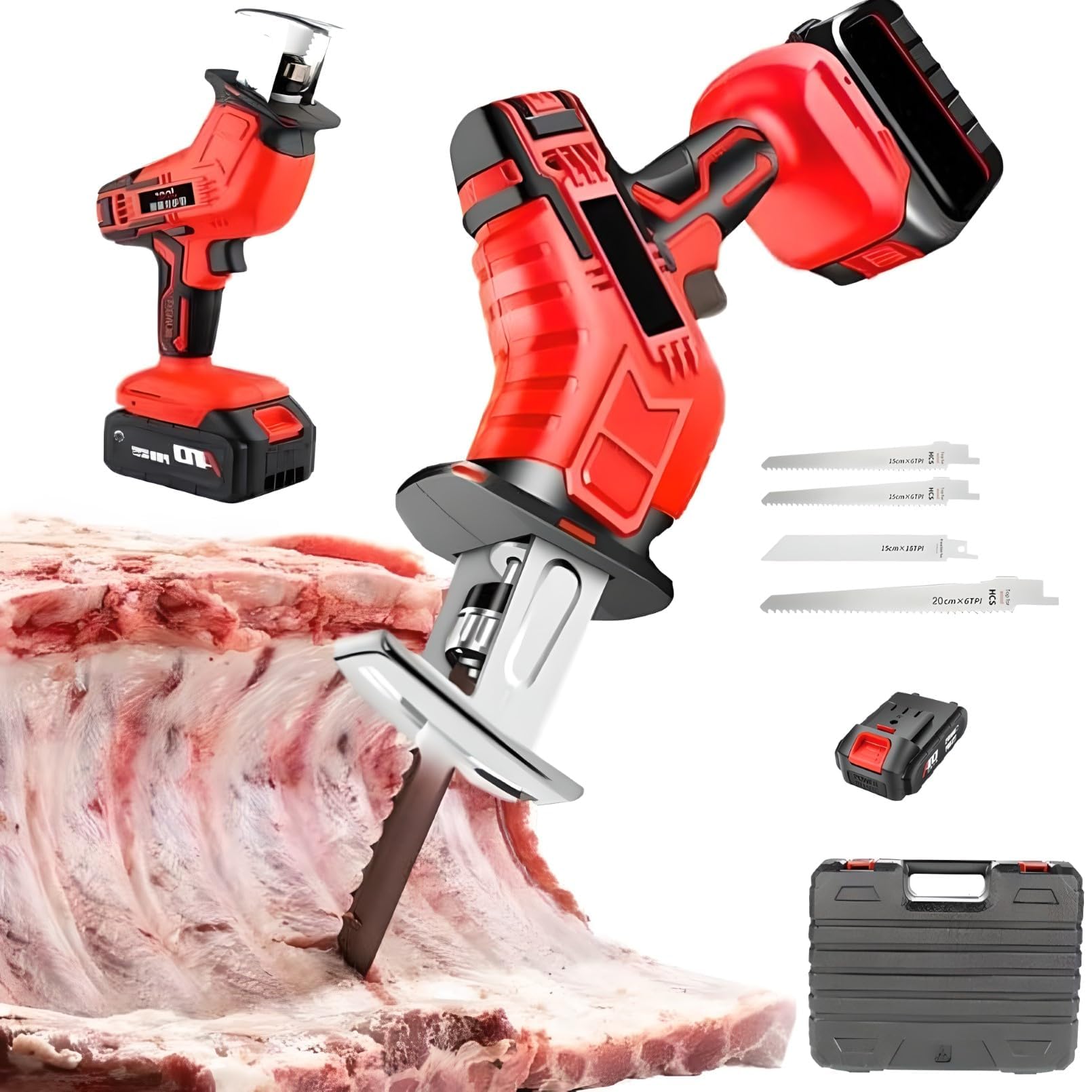 Fhrka Light Electric Bone Meat Saw, Handheld Cordless Bone Saw Machine With 4 Stainless Steel Blade, Home Reciprocating Meat Saw (1 Battery)