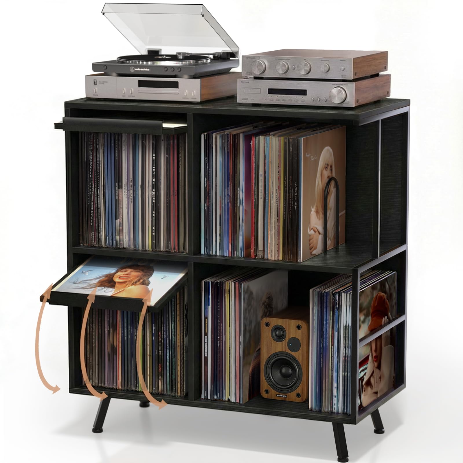 Faesun 3 Tier Record Player Stand with Flip-Down Record Shelf, Black
