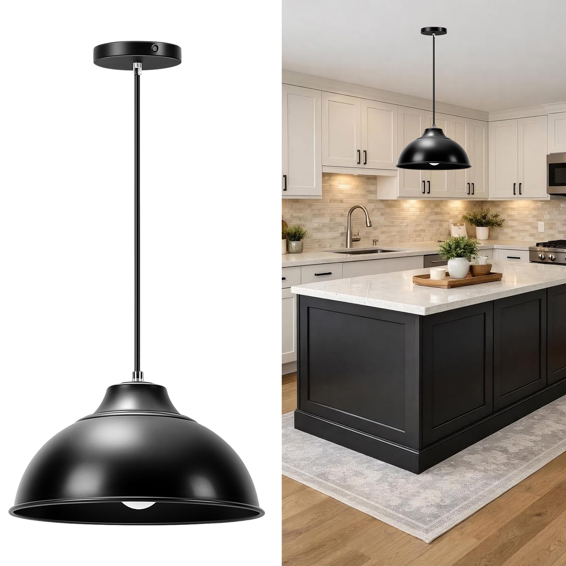 Photo 1 of heshunwell Balck Pendant Lights Kitchen Island,Metal Dome Pendant Light Fixtures,Adjustable Height Hanging Lights for Bedroom Dining Room Entryways