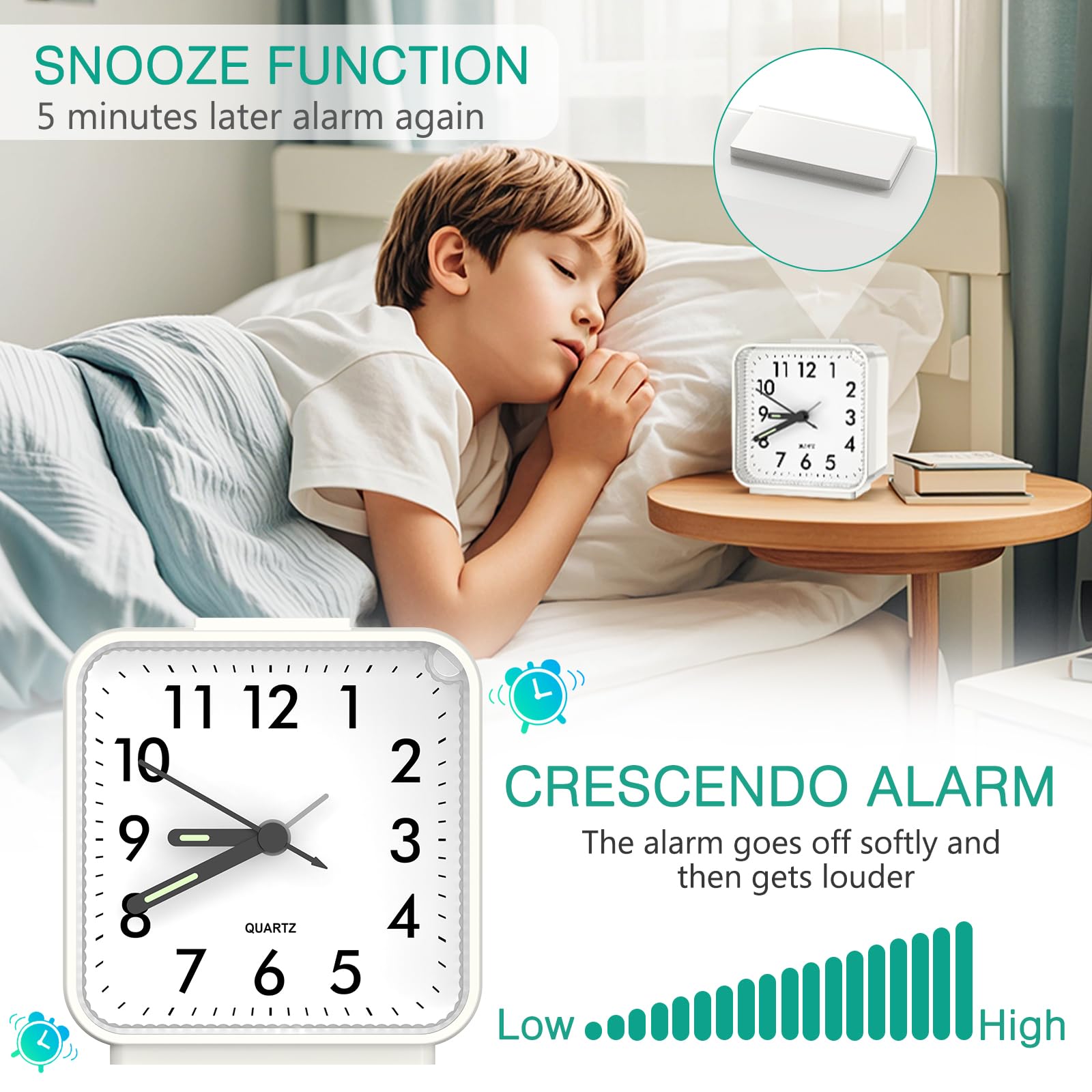 ORIA Reloj Despertador Analógico, Despertador Silencio Sin Tictac, Función de Repetición y Luz, Funciona con Pilas, Alimentado por 1 Pila AA (No Incluida) - Blanca