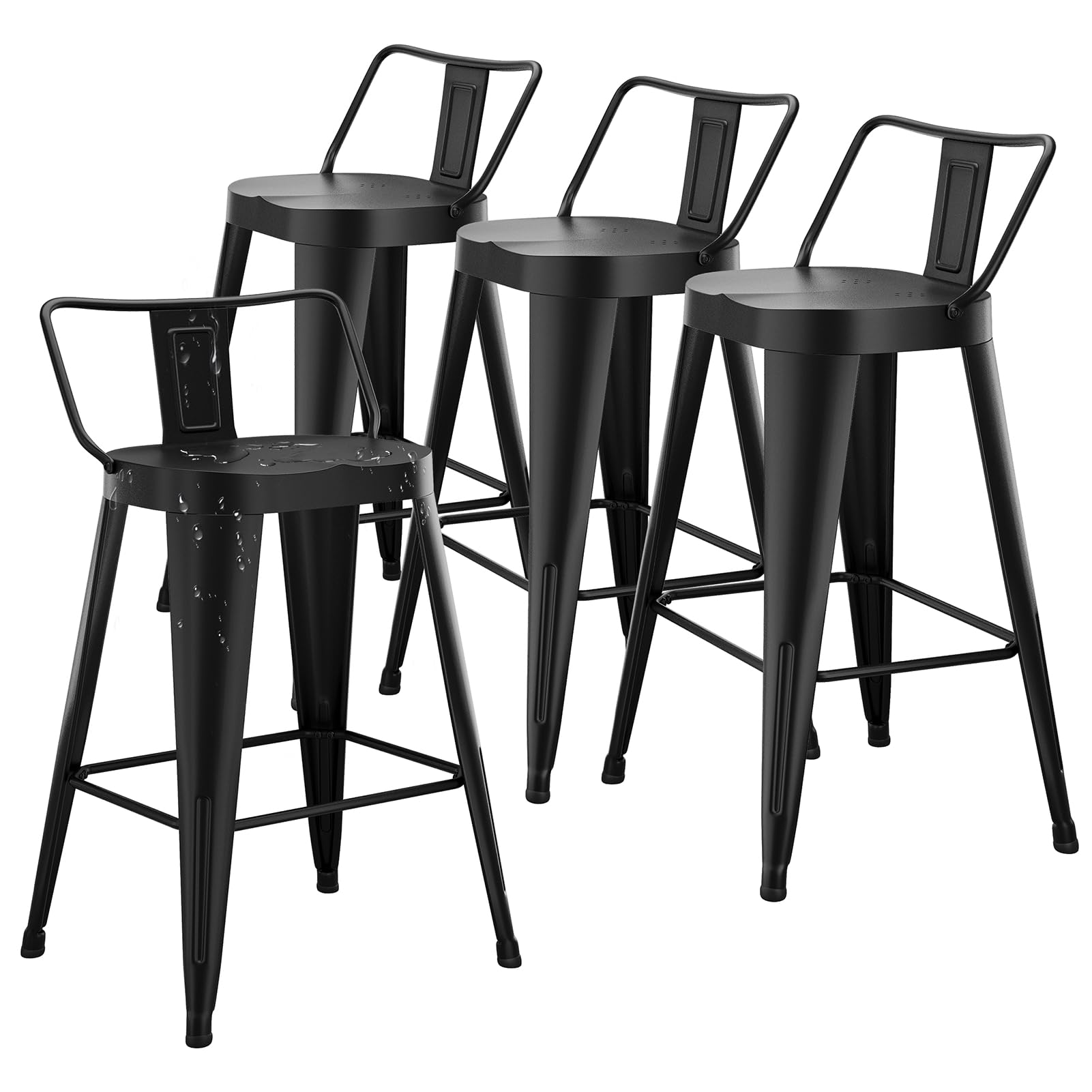 24 inch Outdoor Barstools Set of 4, Metal Bar Stools with Wide Seat & Low Back, Bar Height Chairs for Patio, Cafes & Restaurants (Black)