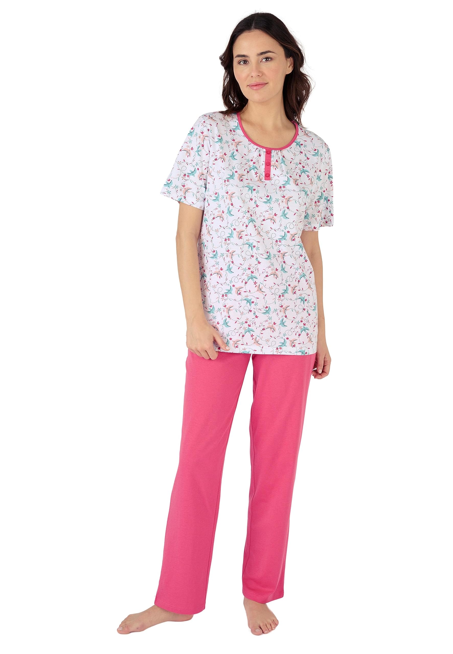 Damart Short Sleeve Cotton Pyjamas Women Nightwear Round Neck Short Sleeves Pink
