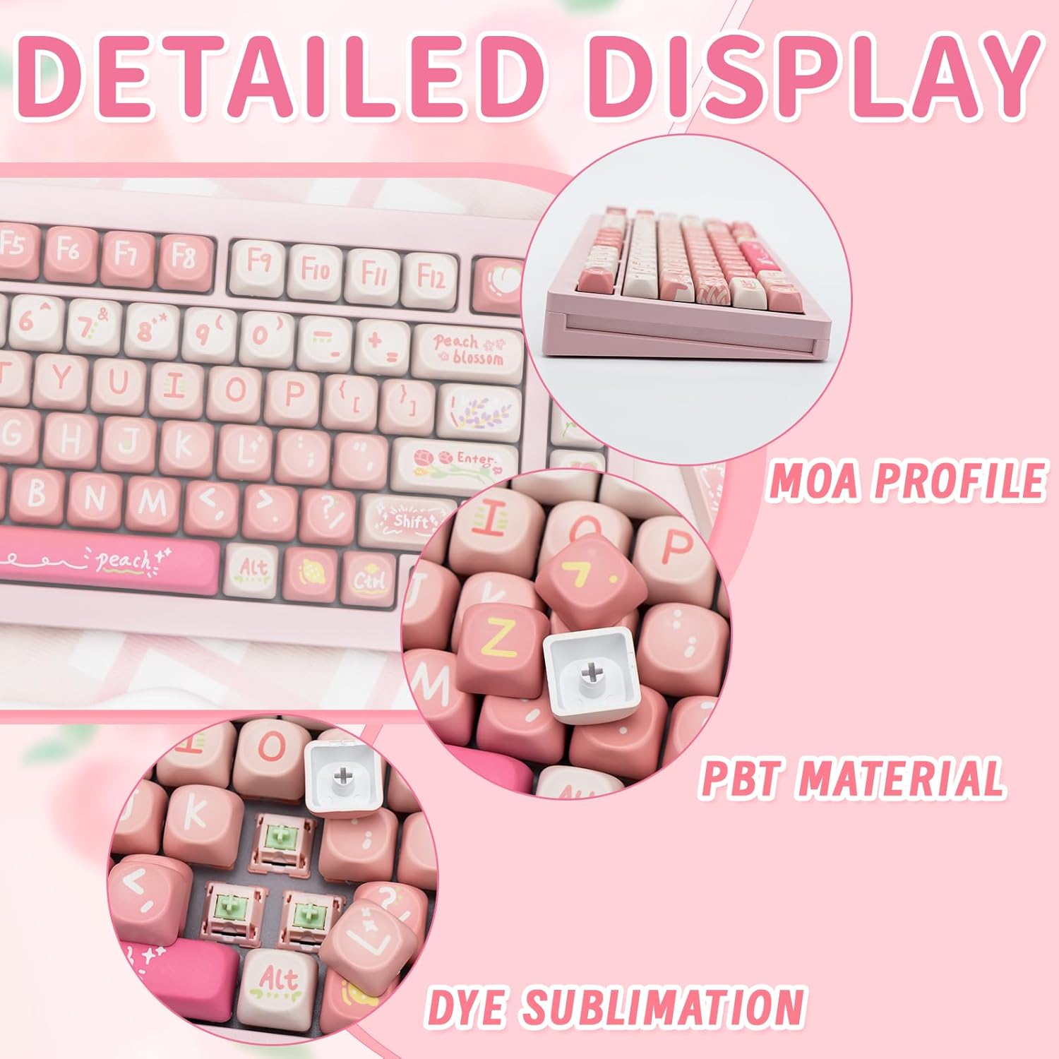 128 Key Peach PBT Keycap Set, MOA Profile, Dye-Sublimation, Cute Keycaps for for Cherry Gateron MX Switches Mechanical Gaming Keyboard (Pink)