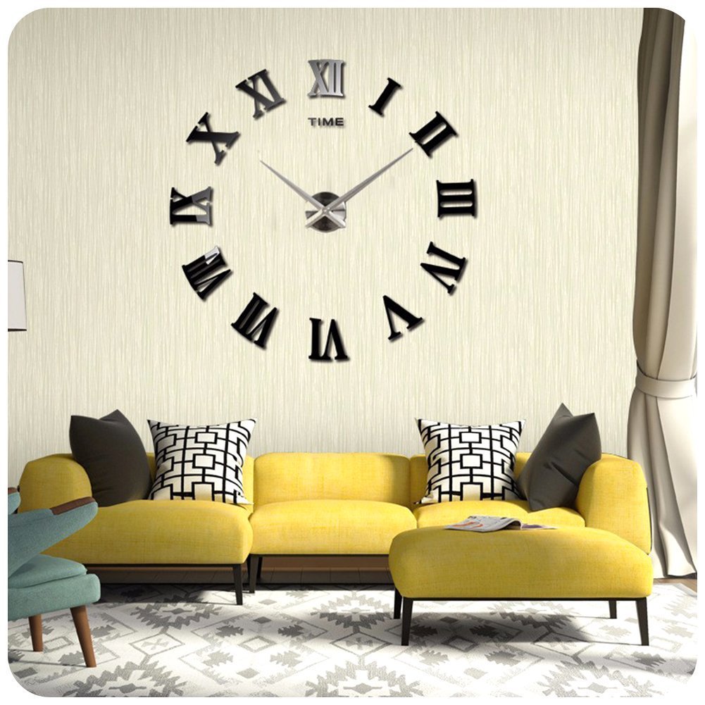 FLYdragonDIY Wall Clock Silent 3D Large Mirror Effect Stickers Living Room Indoor Bedroom Office Clock Home Art Decor (Black)