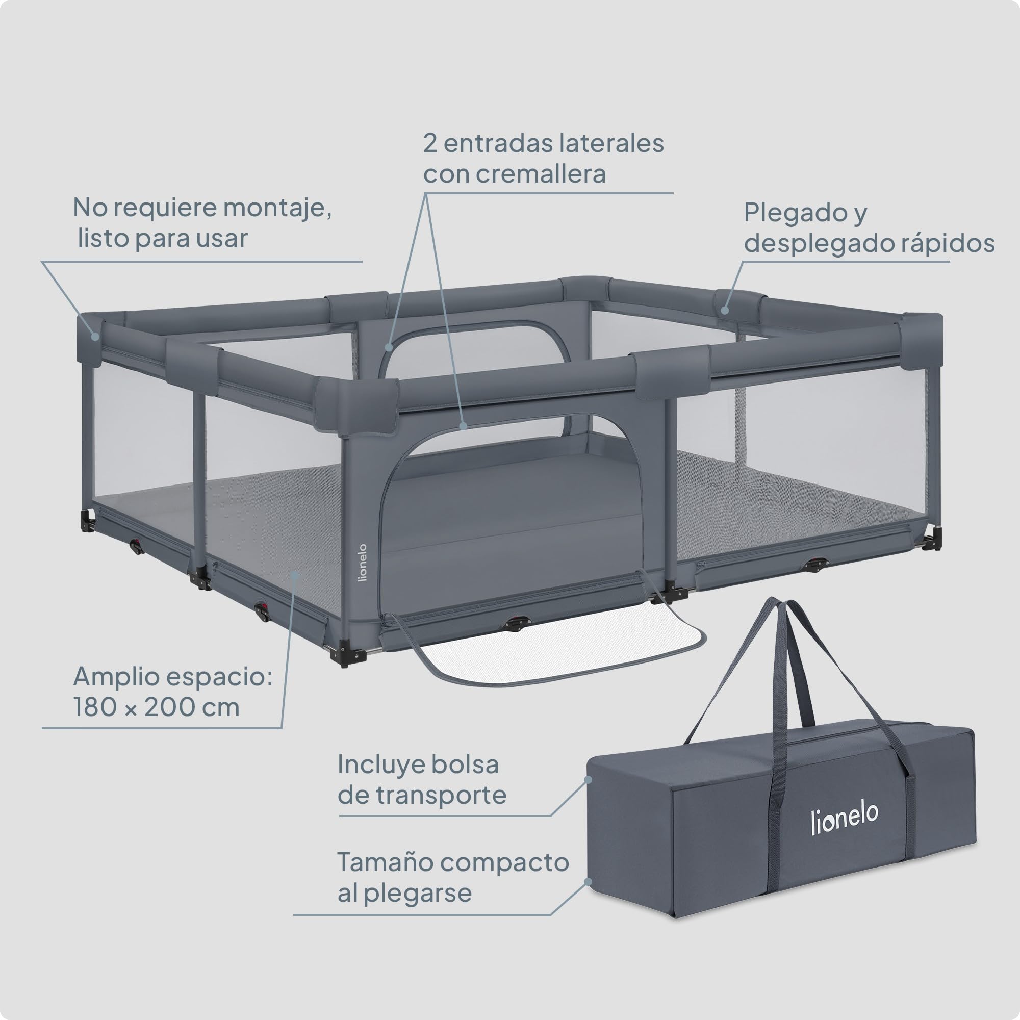 Lionelo Florence XL Easy Fold Parque Infantil Bebé Plegable, Corralito Bebé XL con Rejilla Transpirable, sin Montaje, 2 Entradas con Cremallera, Bordes Acolchados y Fácil de Limpiar, 180 x 200 cm