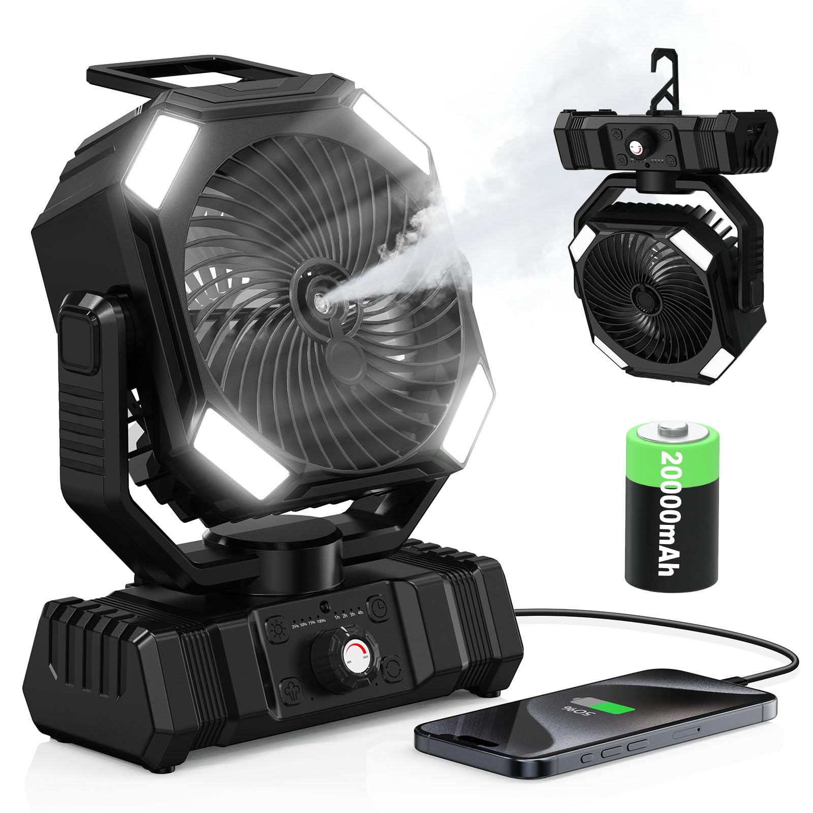 Richday Ventilador Camping Nebulizador 20000mAh, Ventilador Portátil Recargable con Batería, Depósito 300ml, Control Remoto, 270° de Rotación, Timer, Luz LED, para Oficina Tienda Viaje