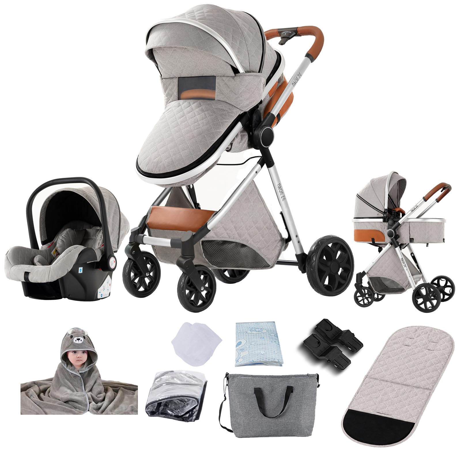 Prokoke Kinderwagen 3 in 1, Kinderwagen Set Einem Klick Faltbar, Kombikinderwagen 3 in 1 mit Umkehrbarem Zwei-Wege-Schub, Buggy Rahmen Aluminiumlegierung Baby Kleinkind Neugeborene (225 Light Grey)