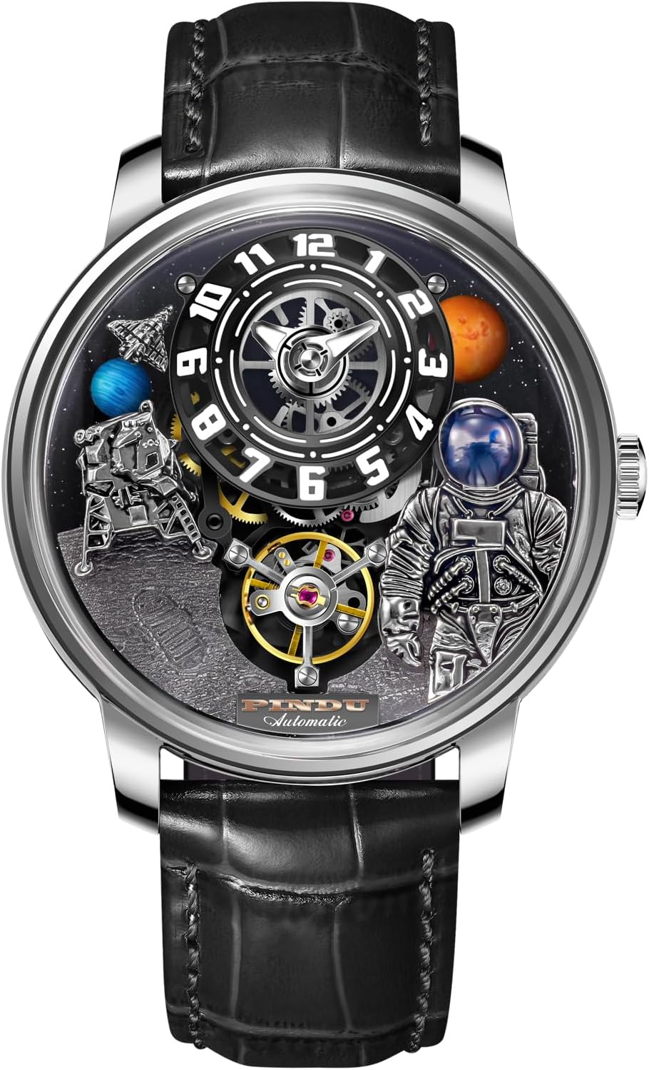 Men's Space Station Automatic Watch, Self-Winding 50m Water Resistant, Full Transparent Glass Case, Unique Space Style, Astronaut Themed Leather Strap Mechanical Watch