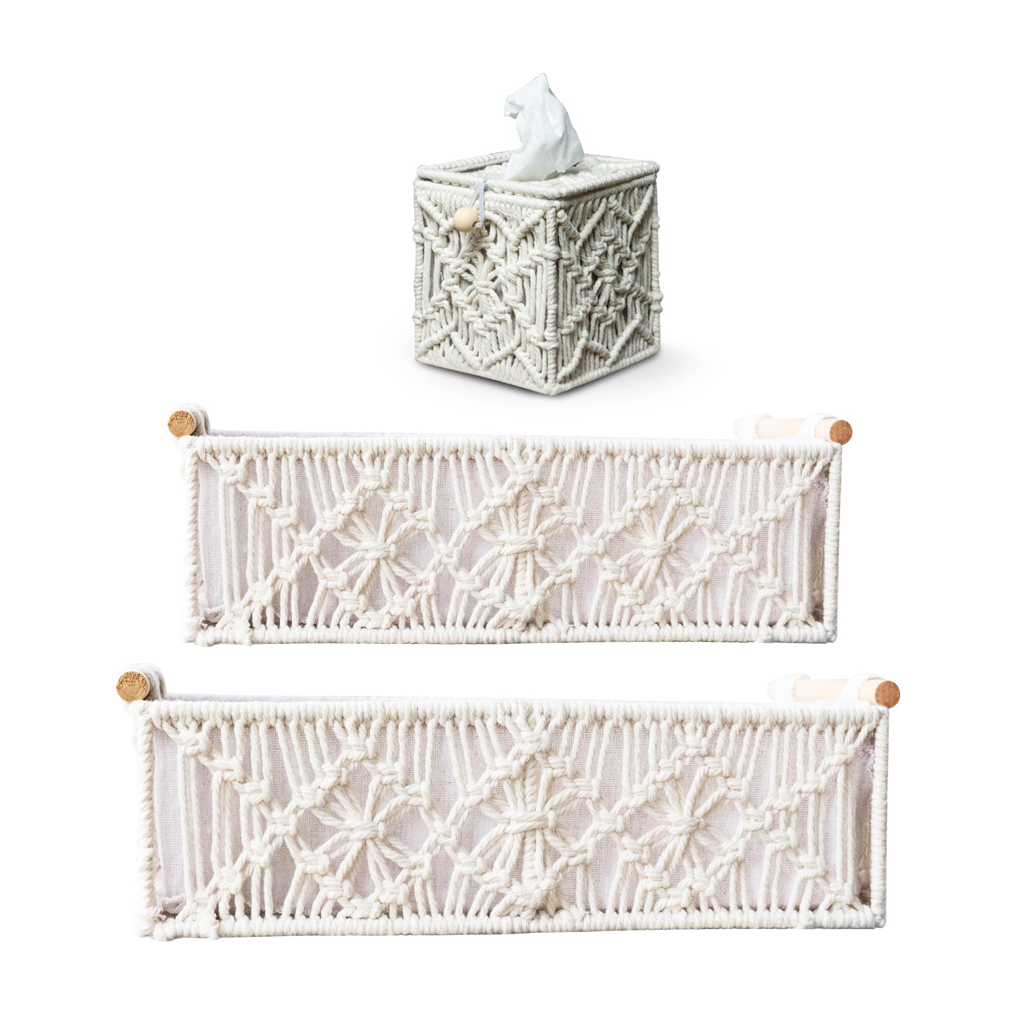 HW-Home Boho Decor Handmade Macrame Basket Set | Bathroom Organizers and Bedroom Decor | Versatile Storage Solution | Over the Toilet Storage