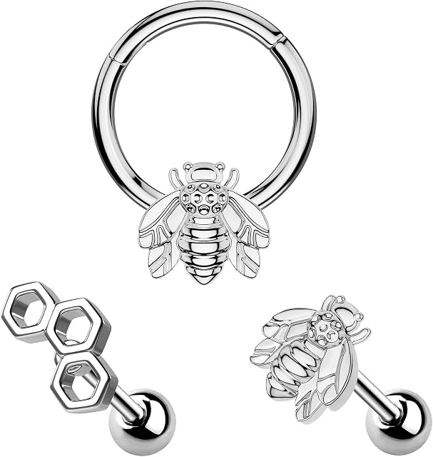 Melighting 3pcs Cartilage Earring Cute Bee Helix Earring Hinged Segment Ring Honeycomb Tragus Stud Conch, Daith Earrings Septum Rings