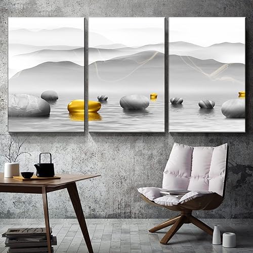 Miniatura 2 de Looife Lienzo decorativo para pared, 24 x 36 pulgadas, 3 paneles de piedras amarillas y grises en el lago debajo de la montaña, pintura giclée,