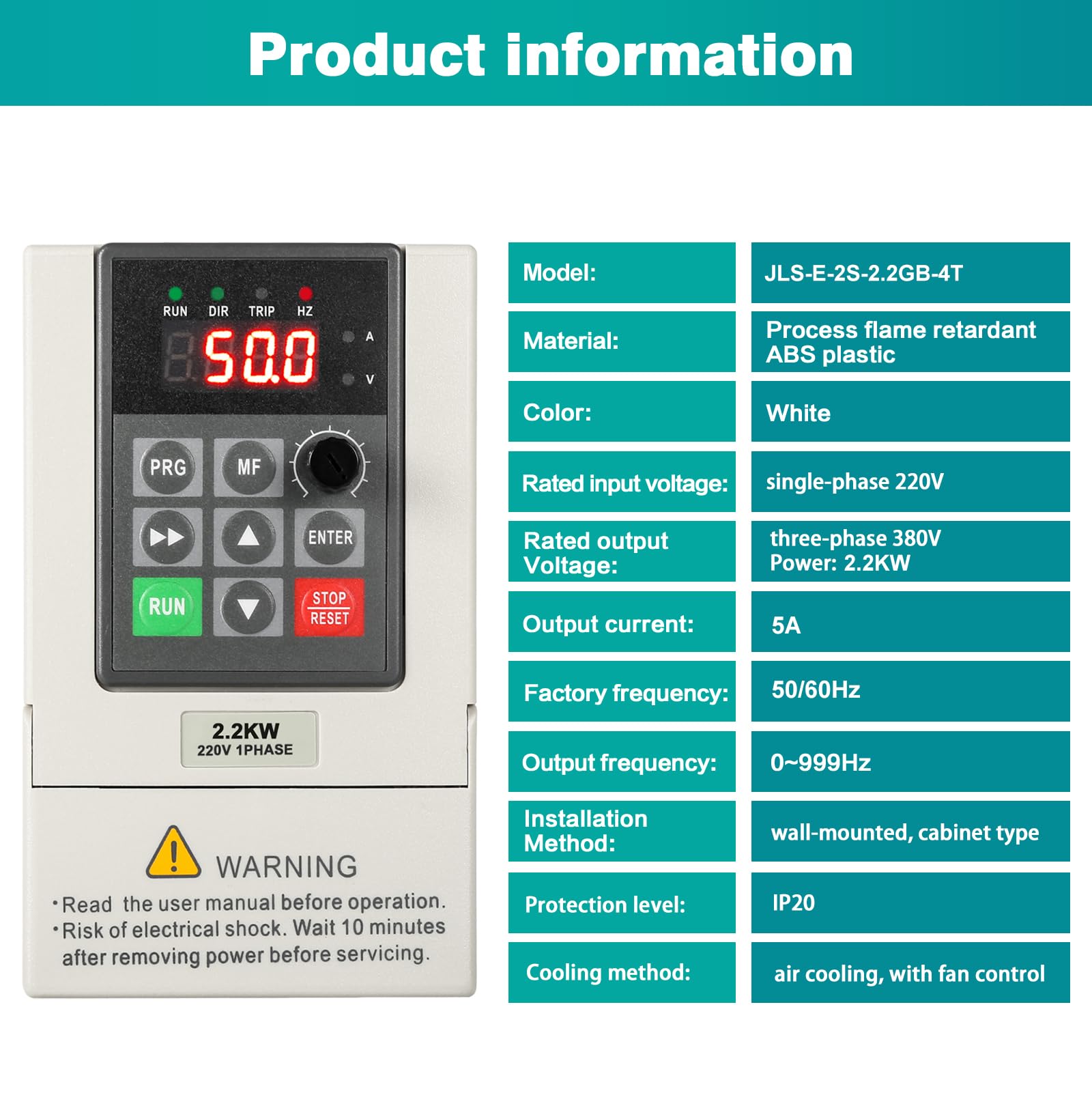 VFD Frequenzumrichter 230V 380V Einphasiger 220V-Eingang Dreiphasiger 380V-Ausgang 2.2KW Frequenzumrichter CNC Frequenzumrichter Werksmodell JLS-E-2S-2.2GB-4T (mit 2M Verlängerungskabel)