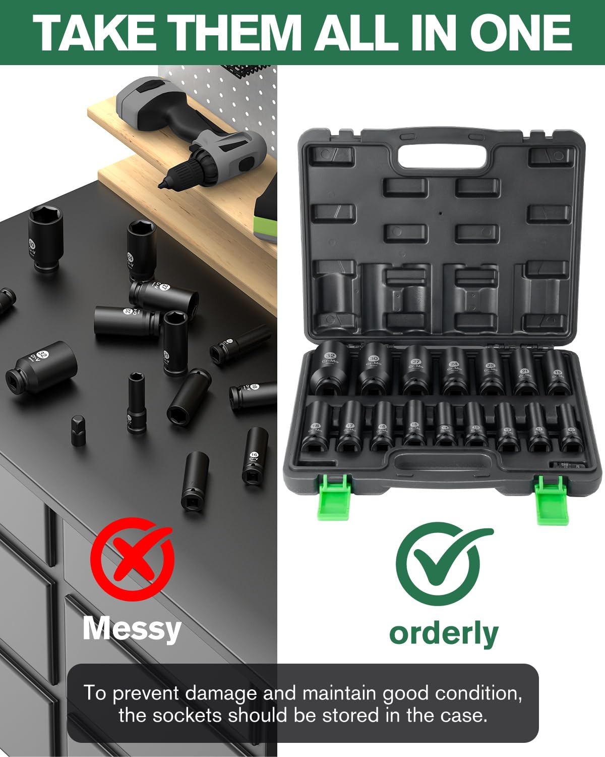 Ginour Set Chiavi a Bussola a Impatto 1/2" Cr-Mo, 17 Pezzi 10-32mm Profonde per Avvitatore a Impulsi, 6 Punti per Meccanica Auto, Kit Professionale con Valigetta e Prolunghe