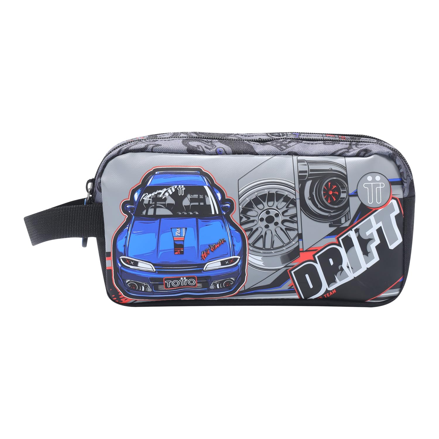 TOTTO - Estuche Escolar Dos Compartimentos, Modelo Racing, Estuche Grande, Dimensiones 23 x 12 x 8.5 cm, Asa Lateral, con Identificador en Parte Posterior, Compacto y Resistente, Color Gris
