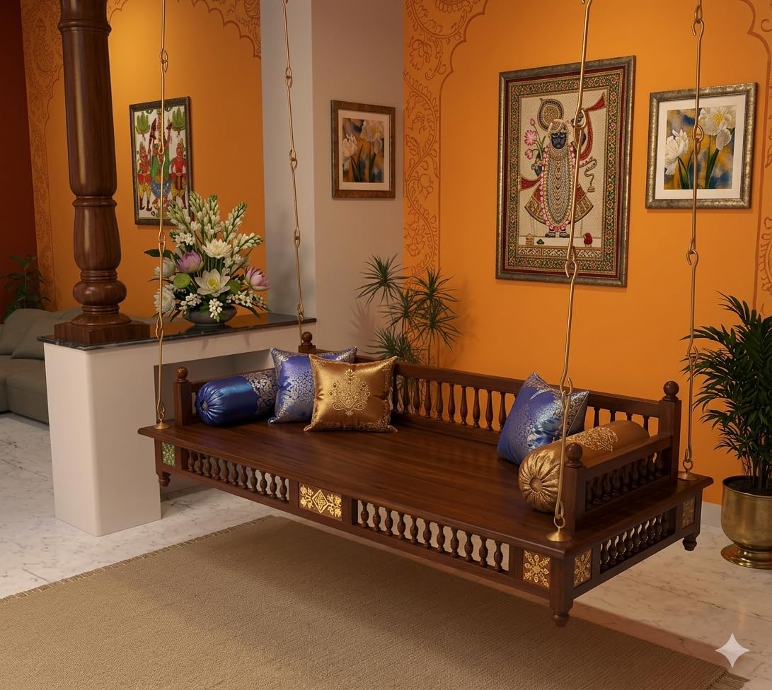 Jairi Traders Plank Wooden Swing Indoor Outdoor Teak Wood (4x2 Feet) Back Support with Carving bansiya Design Brass Coated Accessories-image-20