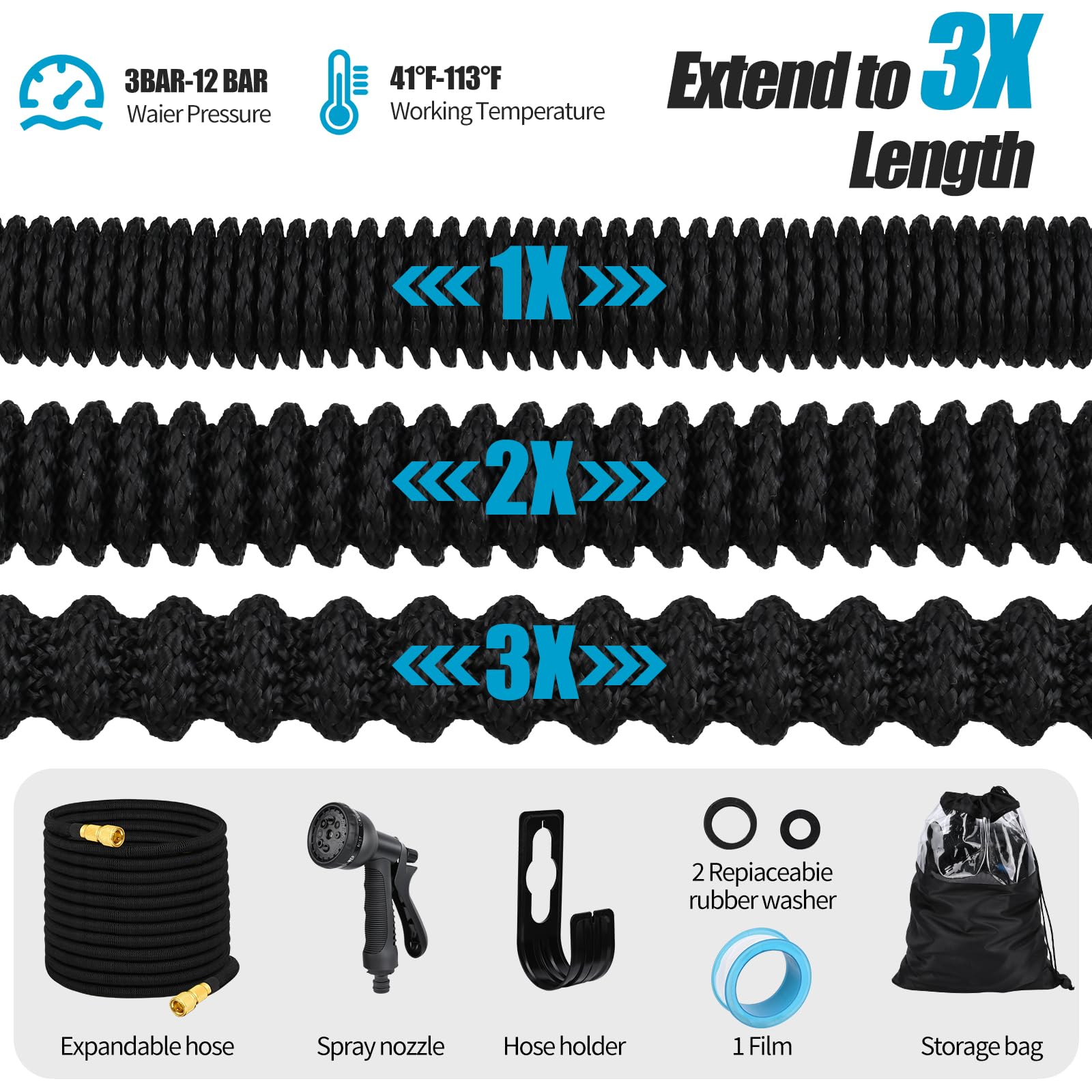 Tuyau d'Arrosage Extensible 30m avec 8 Modèles de Pulvérisation Convient aux Robinets de 1/2" et 3/4" Raccords en Métal Durables pour Nettoyage du Jardin, Laver la Voiture, Arroser (Noir)