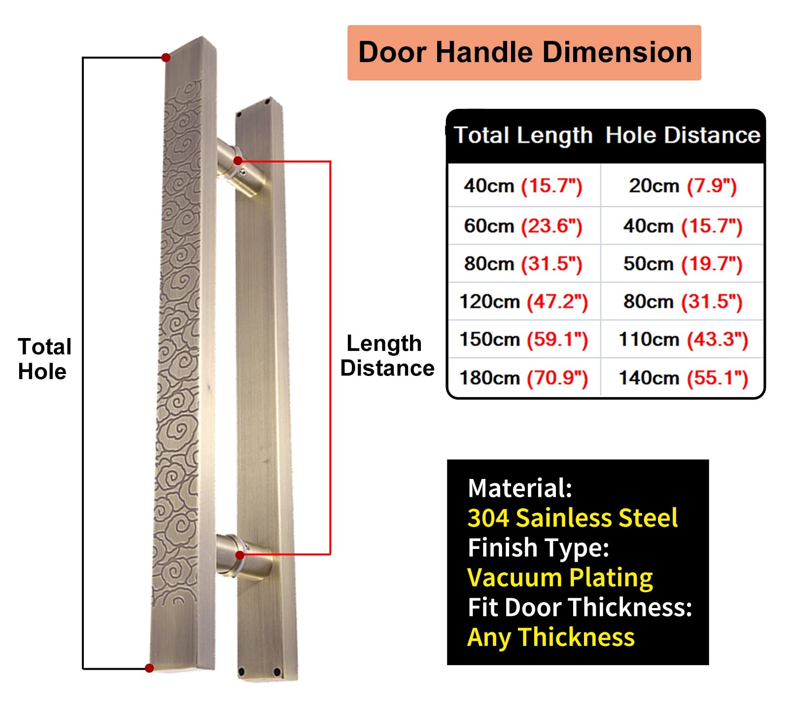 Manilla para Puerta, Deslizante en Forma de H con patrón Nubes,Empuje Tradicional for Puertas Madera/Vidrio/Metal,Perilla Puerta Delantera fácil Instalar(Length40CM)