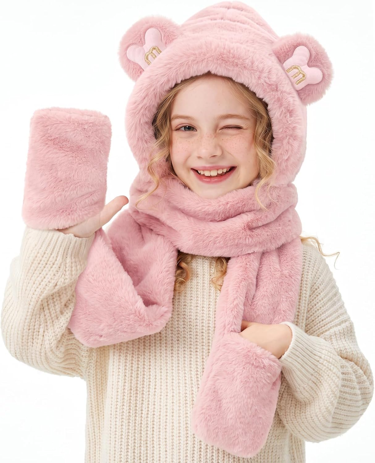 Kids 3‑in‑1 Winter Hat Scarf Gloves Set Cute Bear Ear Plush Hooded Scarf