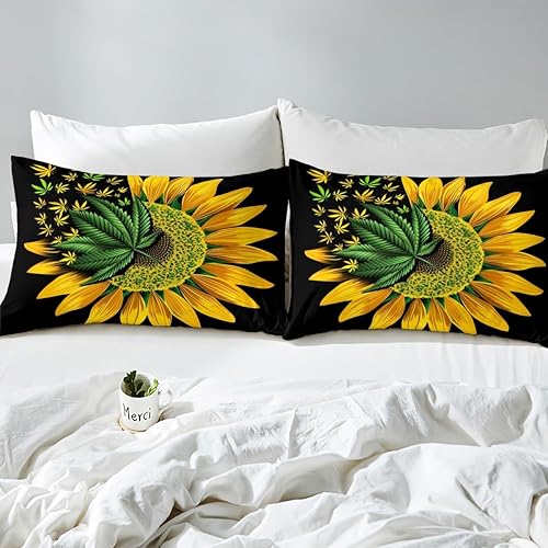 Miniatura 4 de Erosebridal Juego de sábanas de hojas de cannabis, diseño de girasol, tamaño matrimonial para niños y adolescentes, sábana bajera ajustable botánica