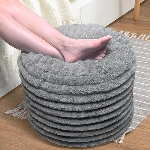 Miniatura 11 de Puf otomano de relleno redondo para reposapiés, pufs de piel sintética con relleno de trozos de espuma, cojín otomano de almacenamiento, silla de