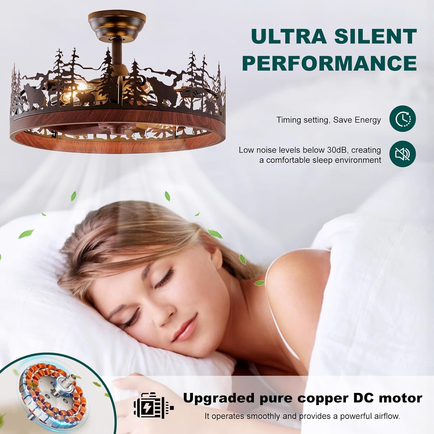 21 Inch Flush Mount Farmhouse Ceiling Fan with Light and Remote, Rustic Walnut Wood Grain Bladeless Fandelier Chandeliers Fan, Forest Ceiling Fan for Living Room, Bedroom