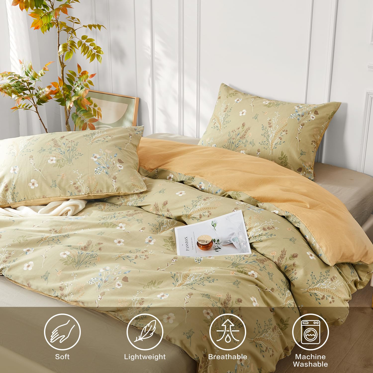 SAPHREAS Green Floral Duvet Cover Set 100% Cotton Double Size 3 Pieces Botanical Bedding Comforter Duvet Cover Set 1 Duvet Cover 2 Pillow Shams(No Comforter) - Image 4