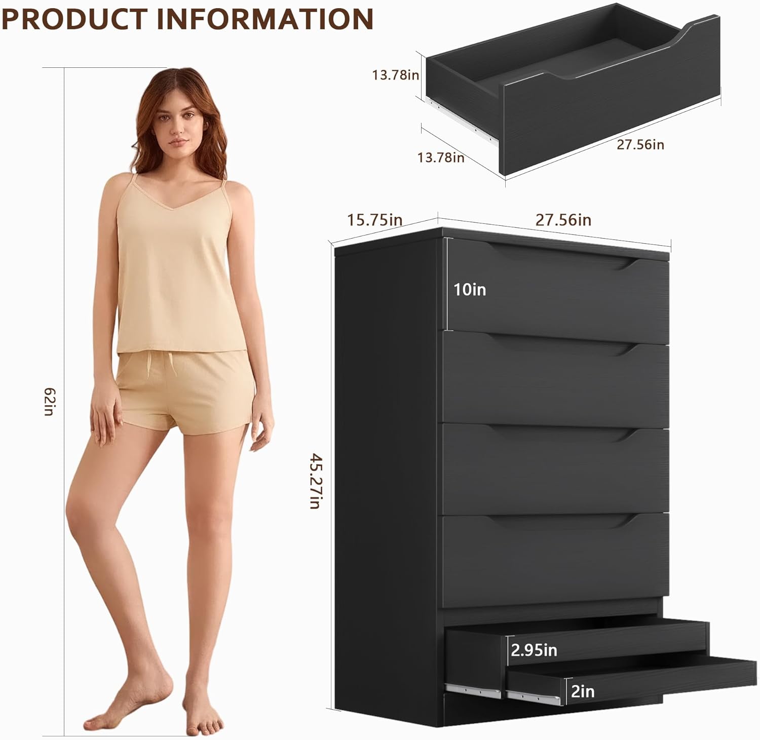 Black Tall 5 Drawer Dresser for Bedroom with Hidden Storage Design, Large Modern Closet Dressers & Chests of Drawers with Cut-Out Handles, 27.6" L*15.8" W*45.3" H for Bedroom, Living Room, Nursery