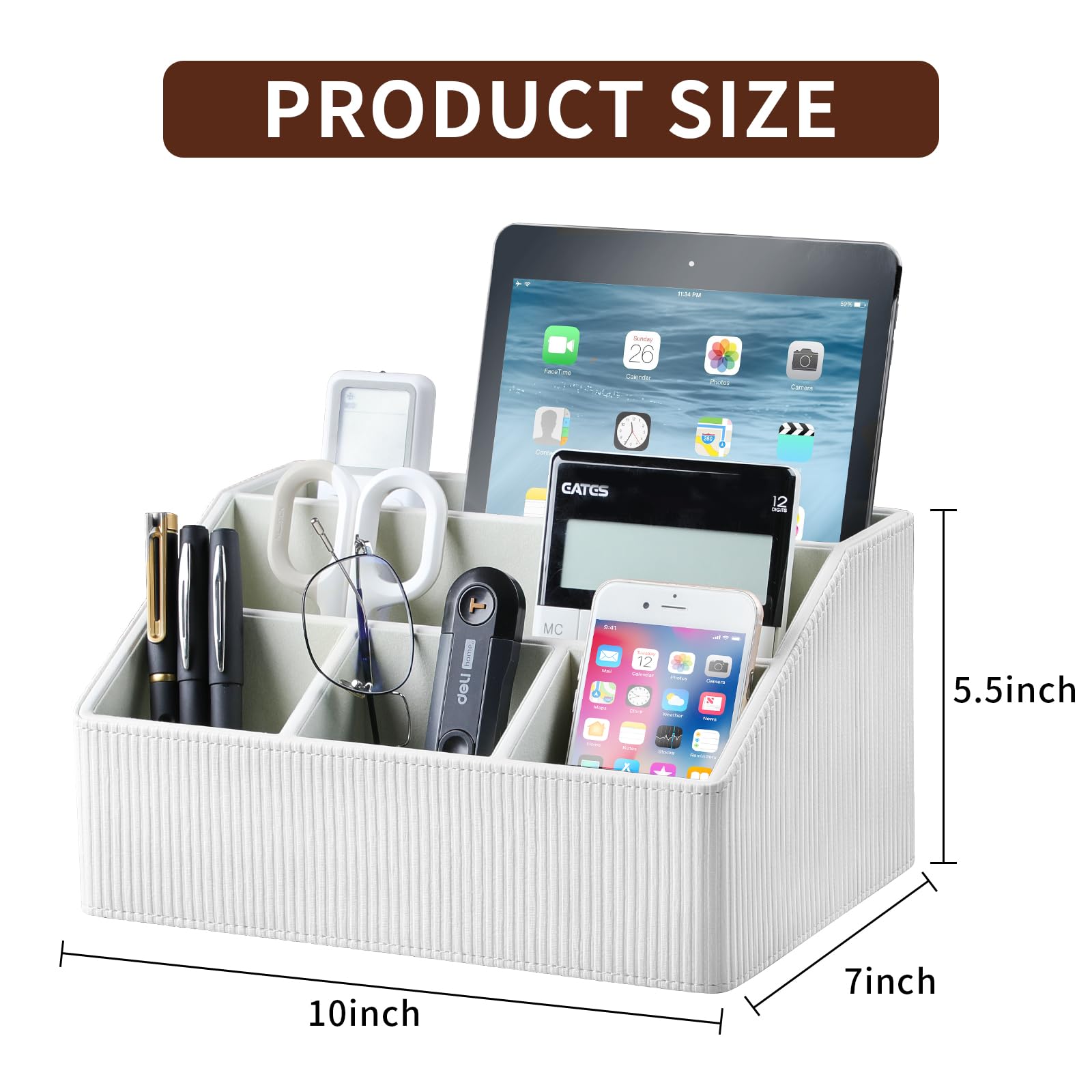 Organizador de escritorio de piel sintética con posavasos, caja de almacenamiento multifuncional con 5 compartimentos, accesorios de oficina, bolígrafo, lápices, tarjetas de identificación