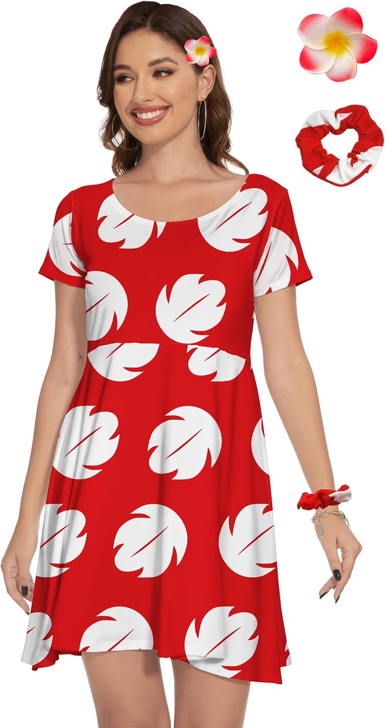TMSD Halloween Women's Red Leaves Hawaiian Costume Dress with Hair Band and Hair Clip