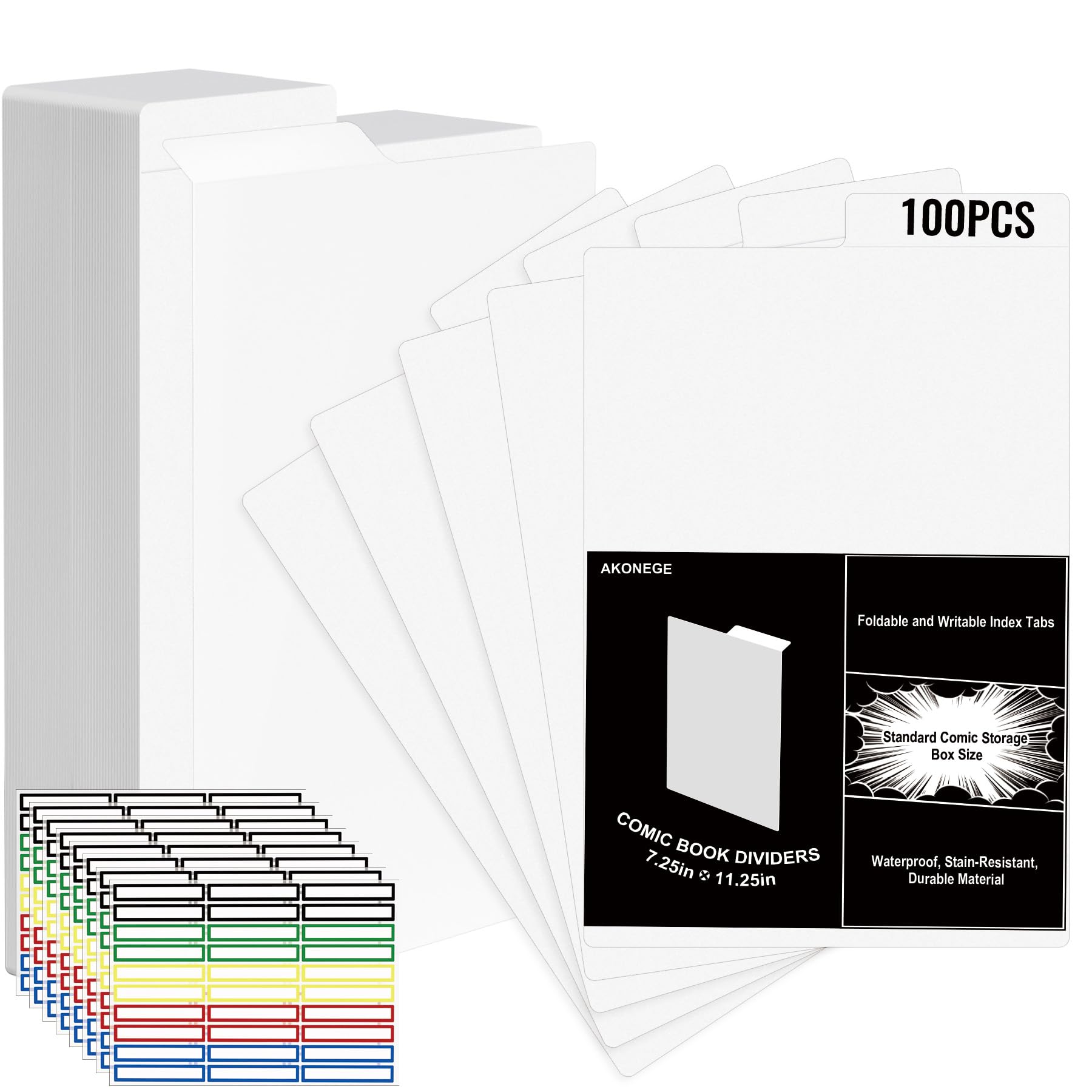 AKONEGE 100 Pack Comic Book Dividers with Tab and 8 Pack Colorful Label Stickers, 28.5x18.4cm/11.25" x 7.25" White Plastic Card Separator Comic Dividers Boards for Comic Book Storage Boxes & Bins
