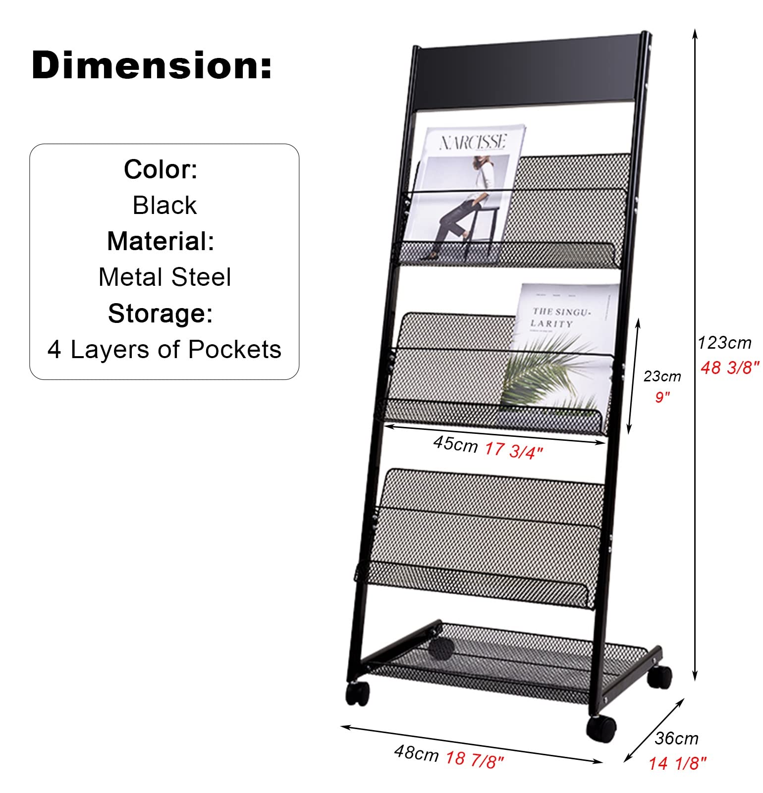 MTSON Prospektständer Literaturhalter des Magazine Stand Literature mit Rädern, Commercial Magazine Rack für 4 Regale, Bodenhörende Broschürenausstellungsständer für Das Schulbüro