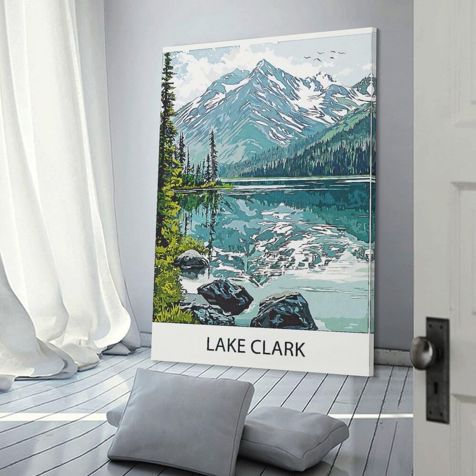 Junmoney Canvas Wall Art Lake Clark Mountain View, 24x36inch(60x90cm), for Lounge Decor, Bedroom Walls Or Flats, A Home Accent with Warm Character