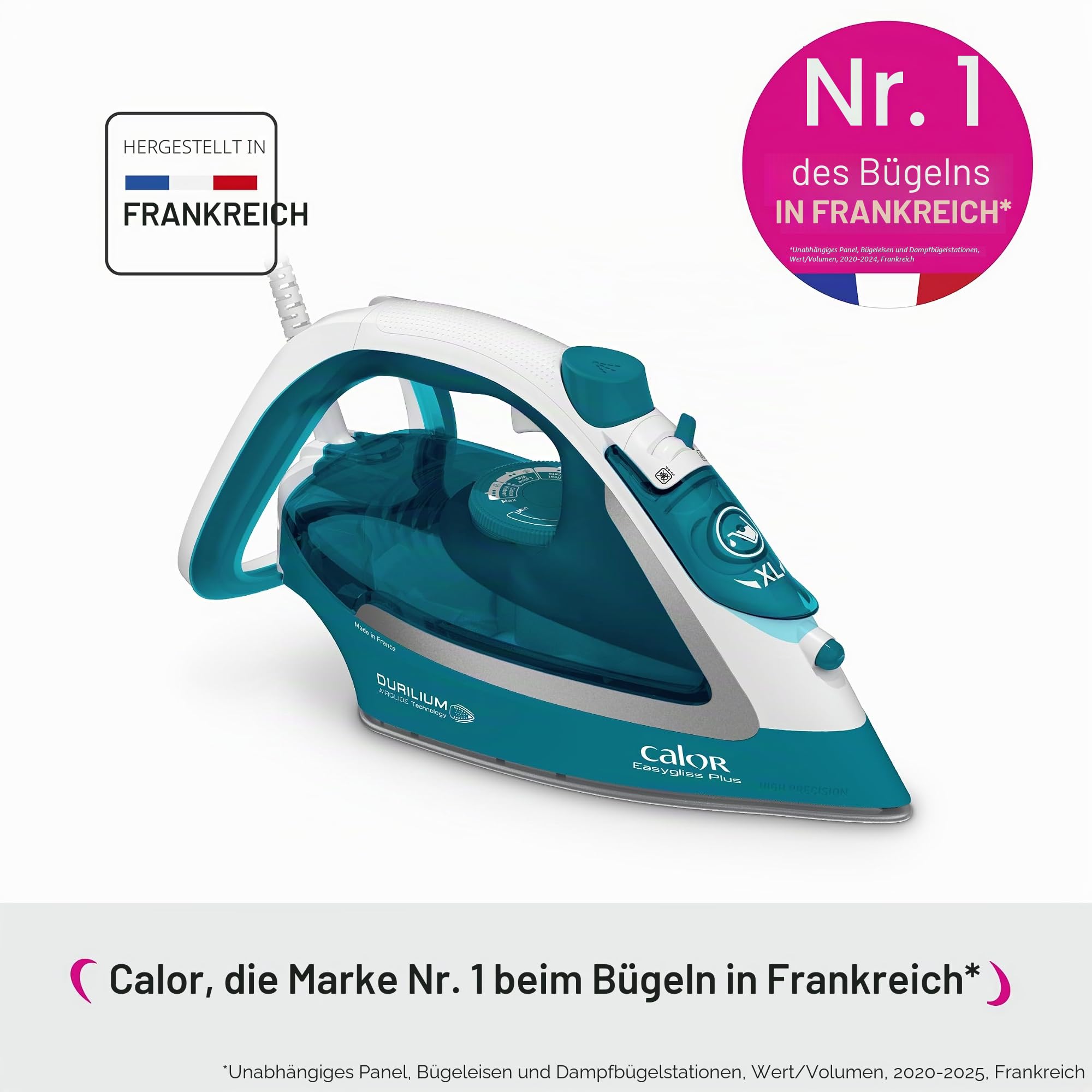 Calor Easygliss Plus Dampfbügeleisen, 2500 W, Dauerdampf 40 g/min, Pressing 195 g/min, Durilium Airglide Bügelsohle, FV5719C0, türkis