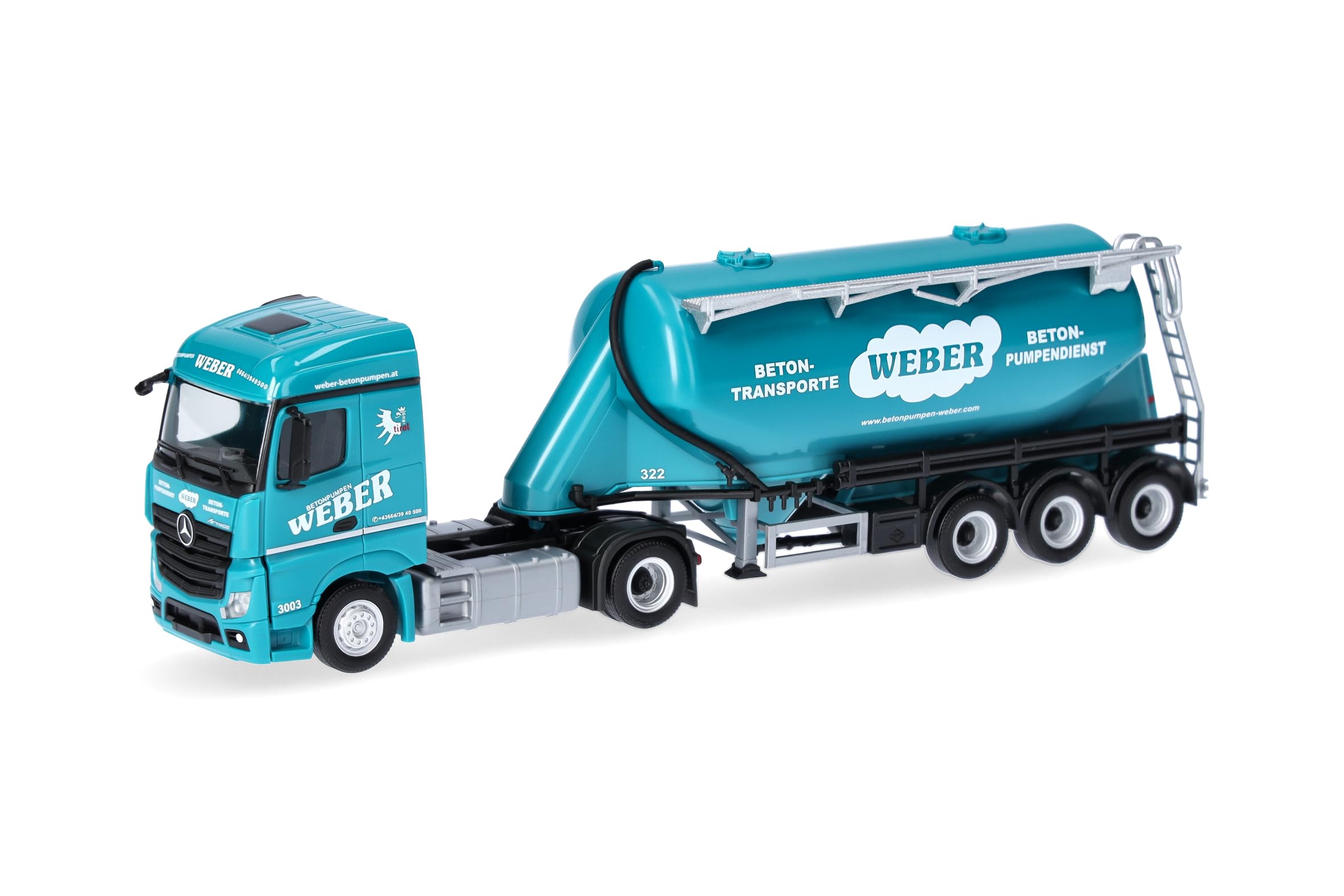 Herpa LKW Modell Mercedes-Benz Actros 18 Streamspace Eutersilo-Sattelzug Weber Betonpumpen (Österreich), Miniatur im Maßstab 1:87, Sammlerstück, Made in Germany, Kunststoff