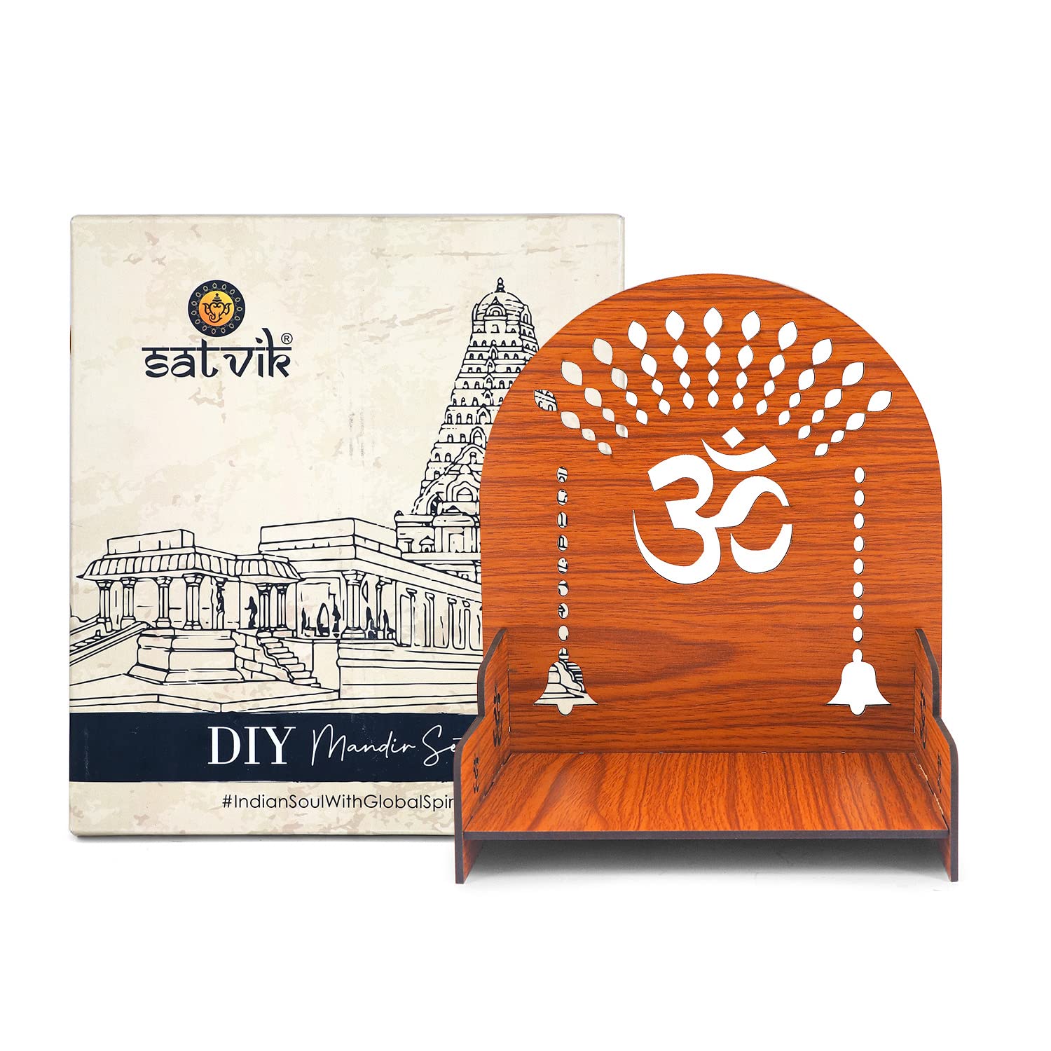 SATVIK 1 Pc DIY MDF Puja Mandir Set Easy to Build Om Design Pujan Ghar Temple Table Top God Sihasan Indian Hindu Festive Diwali Wooden Pattern Bhagwan Darbar Home Office Décor Portable Pooja Stand