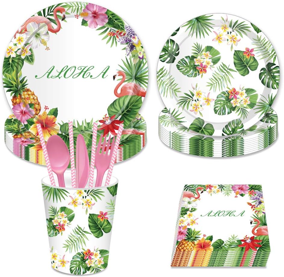Flamingo Party Supplies,Aloha Party Supplies–Serves 16–Includes Flamingo Paper Plates,Cups,Napkins and Straw for Flamingo Party,Luau Party, Hawaiian Party,1st Birthday,Baby Shower,Picnic,Thanksgiving,Christmas and Happy New Year(113Pcs)