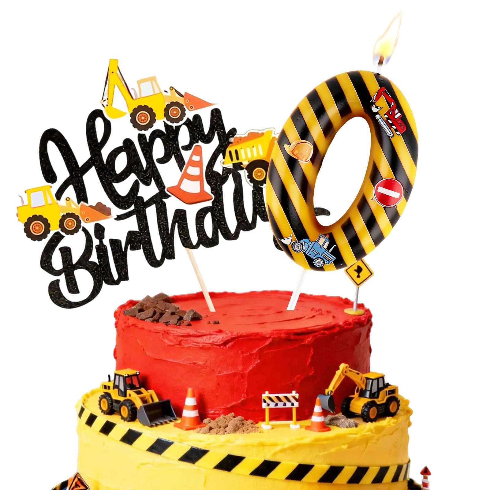Birthday Candles for Cake, Yellow Black Striped Construction Number Candles, Cake Candles with Greeting Card for Birthday Party Wedding Anniversary Celebrations(0 Candle,Construction)