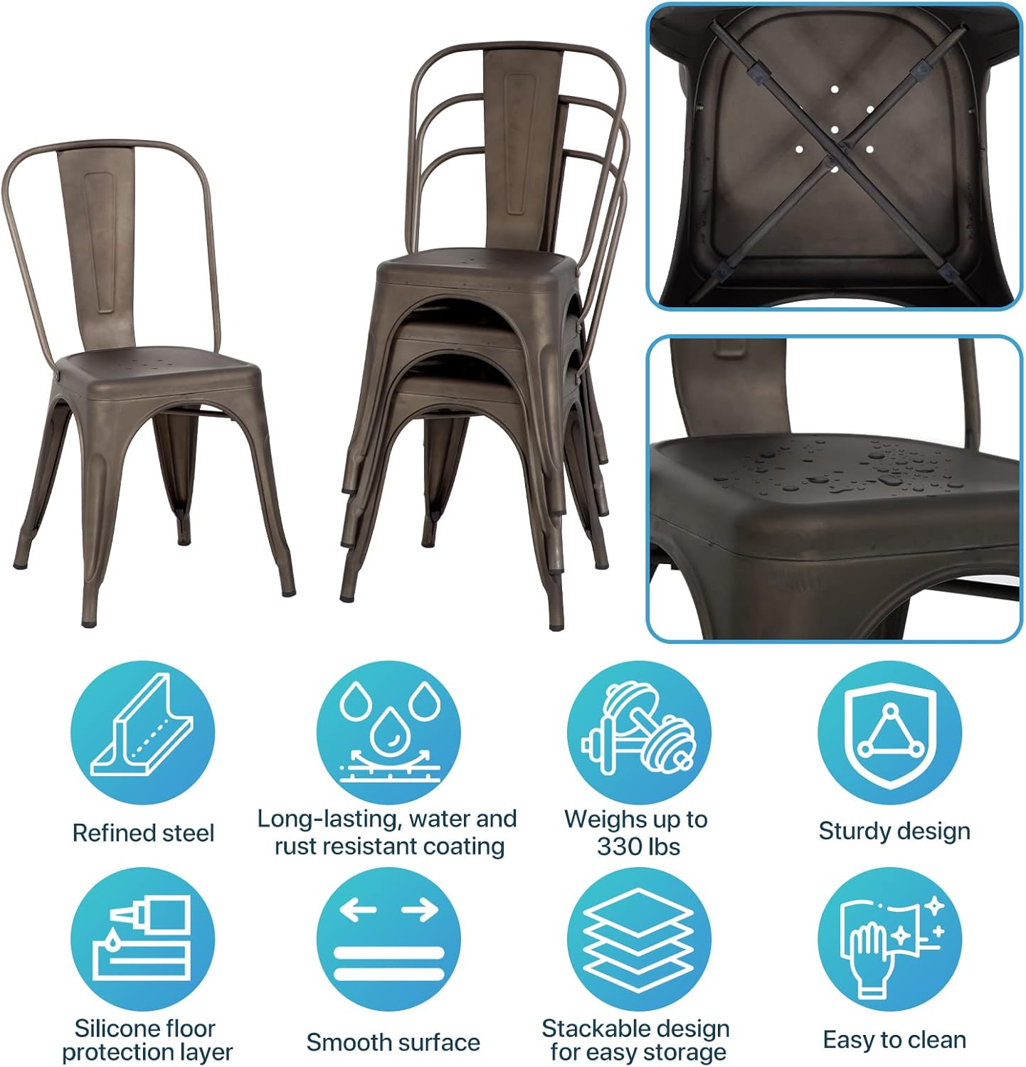 Metal Dining Chairs | Set of 4 | Bronze | Stackable Tolix Side Chairs with Backrest | Scratch-Resistant | Non-Slip Feet | Indoor/Outdoor Use | 330 lbs Capacity | for Kitchen & Restaurant