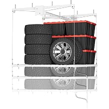 OUTLANE Heavy Duty Overhead Garage Storage Rack Lift, 4x4 ft Ceiling Mount Storage Rack with Hand Crank & Power Drill Compatibility, 350 Lbs Capacity, Adjustable Height Up to 79 in, Double Rope Safety