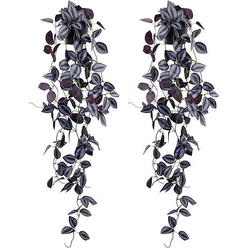 LOYWREE 2Pack Small Fake Hanging Purple Plant Artificial Potted Plants Indoor 39-in Long Faux Dark Black Vine Plant for Shelf Home Office and Outdoor Garden Decor (Black Pot)