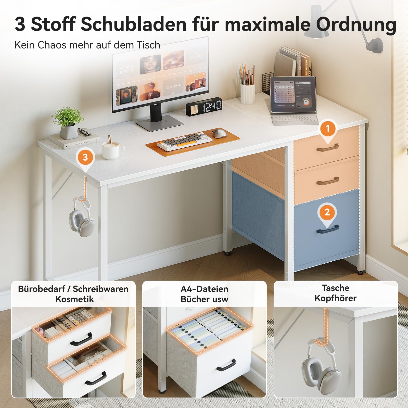 Coleshome Schreibtisch mit 3 Stoff Schubladen, 120x48cm Computertisch mit Kopfhörer Halter, Reversibler PC Schreibtisch Bürotisch für kleines Heimbüro, Weiß