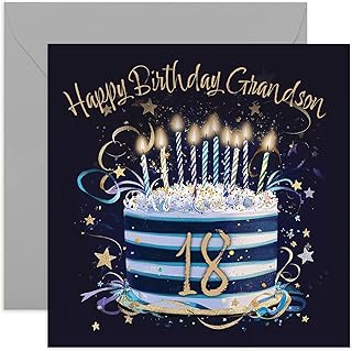 Special 18th Birthday Card for Grandson - Eighteen Years Old Birthday Greeting Cards - Navy Blue and Gold Birthday Cake Artwork Birthday Cards for Men - Stylish and Traditional Design