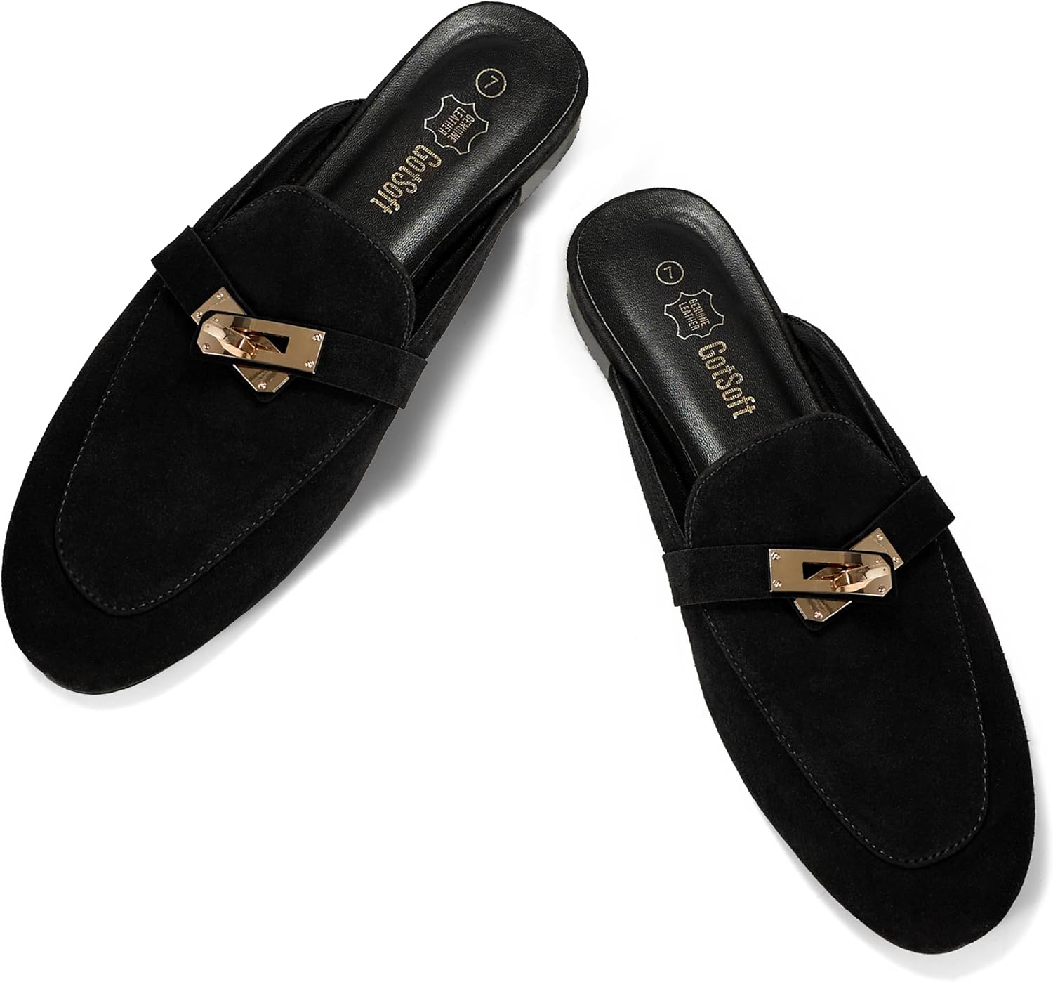 Womens Genuine Leather Mules Metal Buckle Backless Slip On Flats