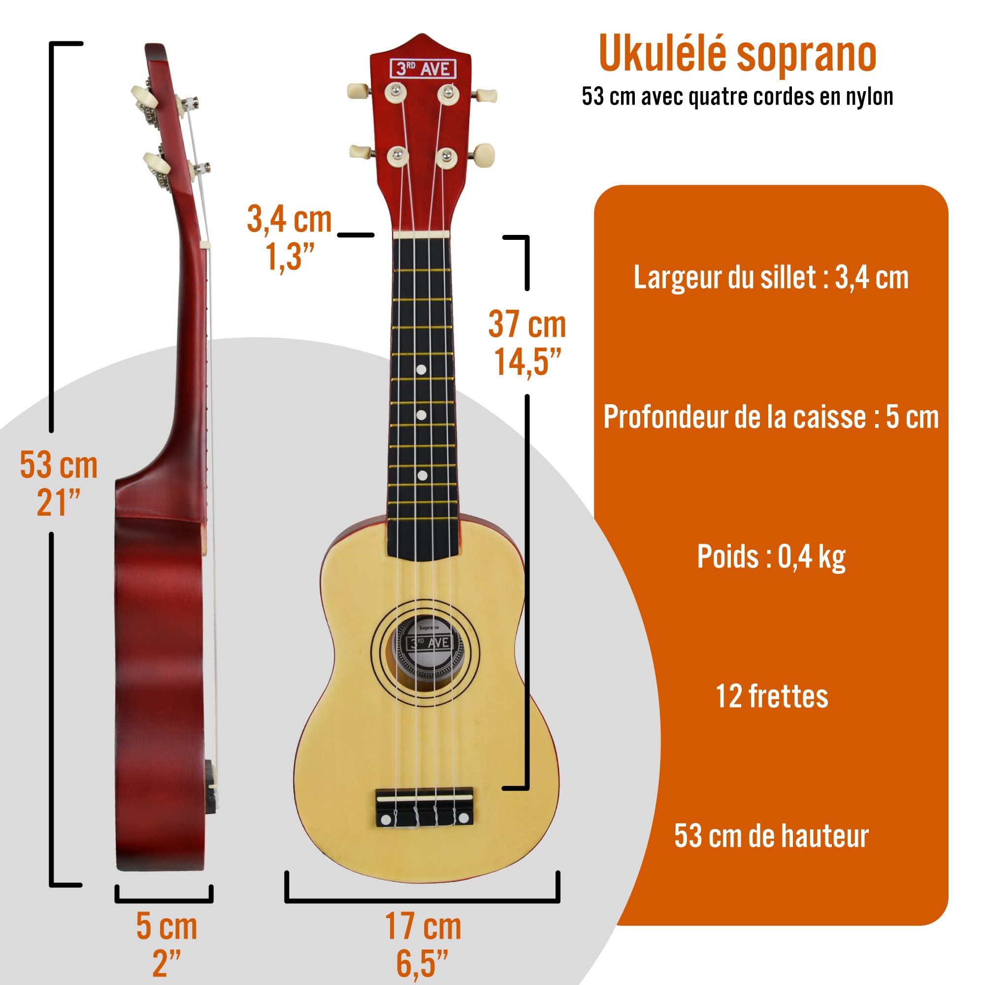 3rd Avenue Ukulélé Soprano 53 Cm pour Débutants – Naturel – Housse Gratuite