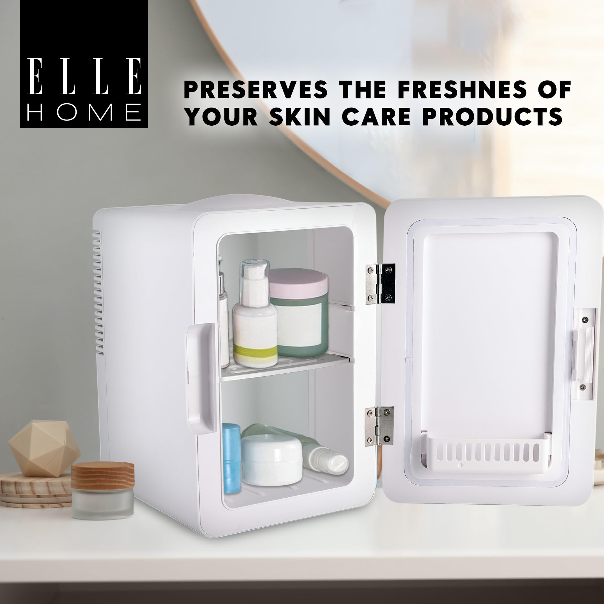 ELLE Mini Frigo Cosmetico 6L con Specchio LED - Frigorifero Bellezza Caldo & Freddo per Skincare, Cura e Cosmetici, Illuminazione LED Integrata, Mensola Rimovibile, Maniglia di Trasporto - Viola