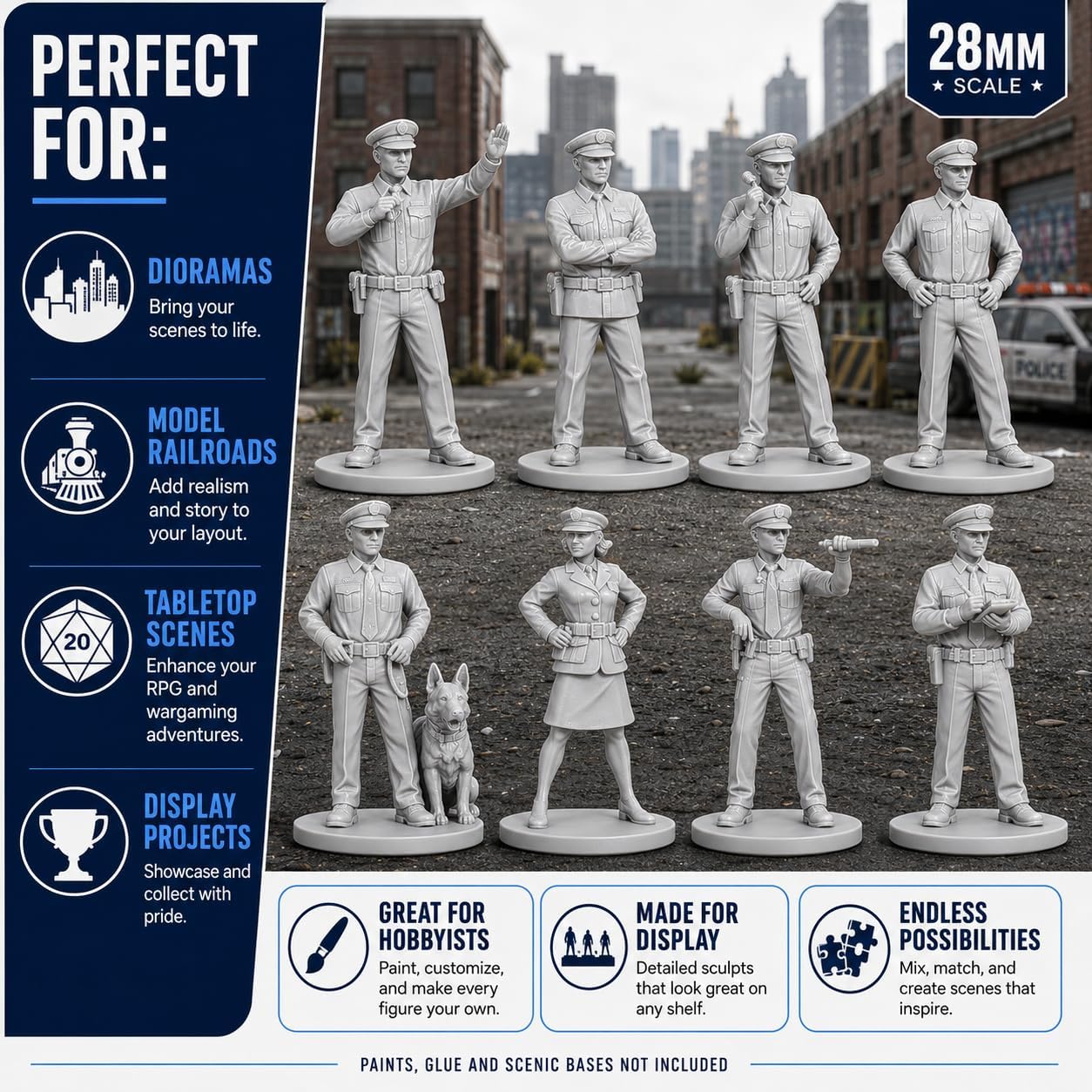 28mm Police Figures, 1:56 Scale Resin Miniatures, 8-Piece Unpainted Gray Set for Dioramas, Railroad Layouts, Tabletop Scenery & Painting