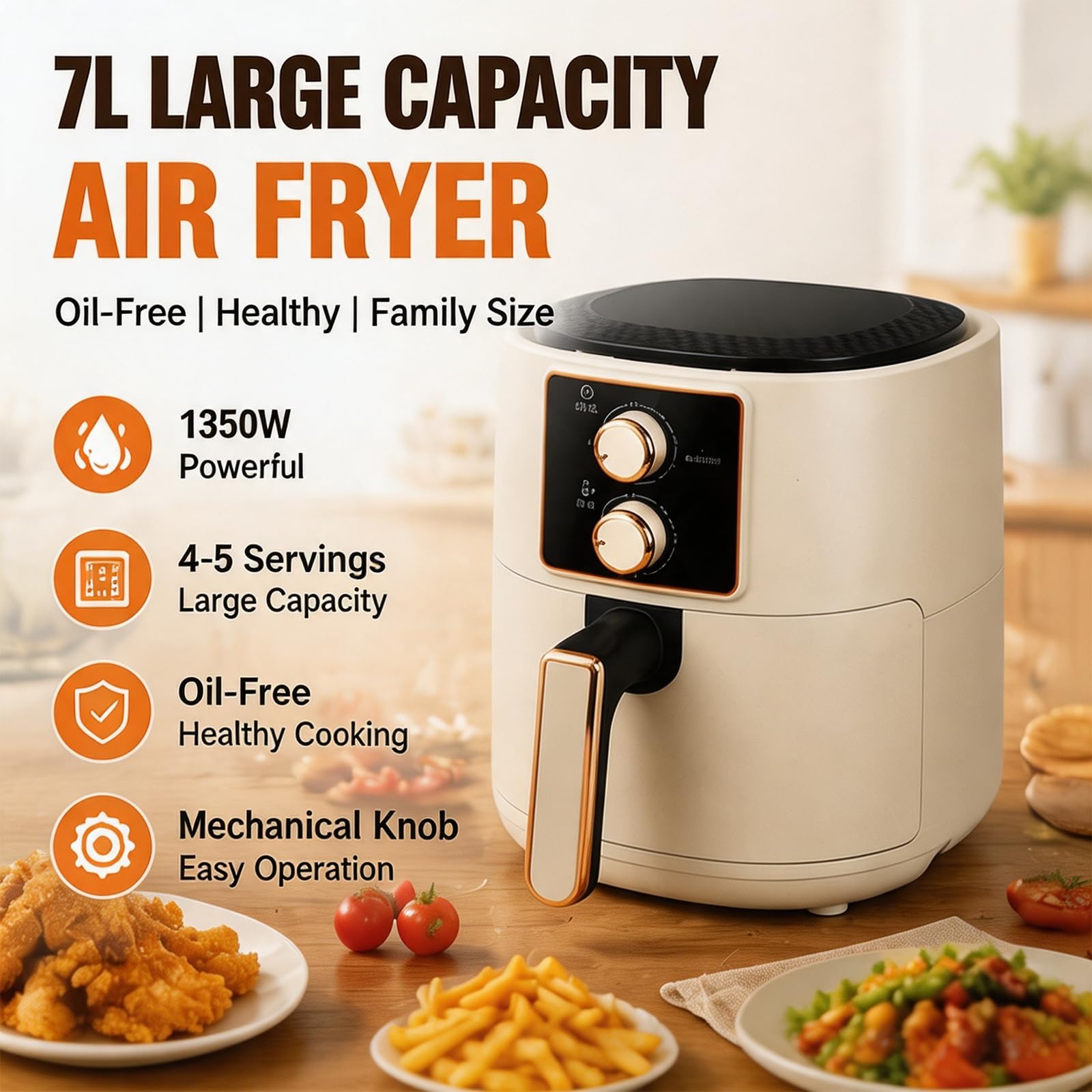 Frytkownica beztłuszczowa 7L 1350W, piekarnik konwekcyjny blatowy rodzinny