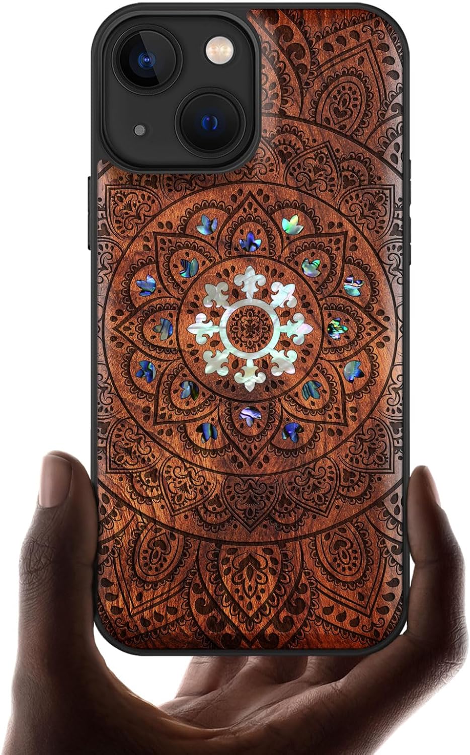 Carveit Designer Wooden Protective Case for iPhone 13 Mini Magnetic Cover [Wood Engraving & Shell Inlay] Compatible with 13 Mini MagSafe (Mandala Floral-Rosy)